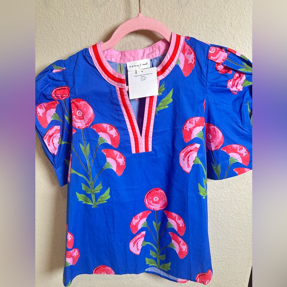 NWT - Entro Blue and Pink Floral Blouse